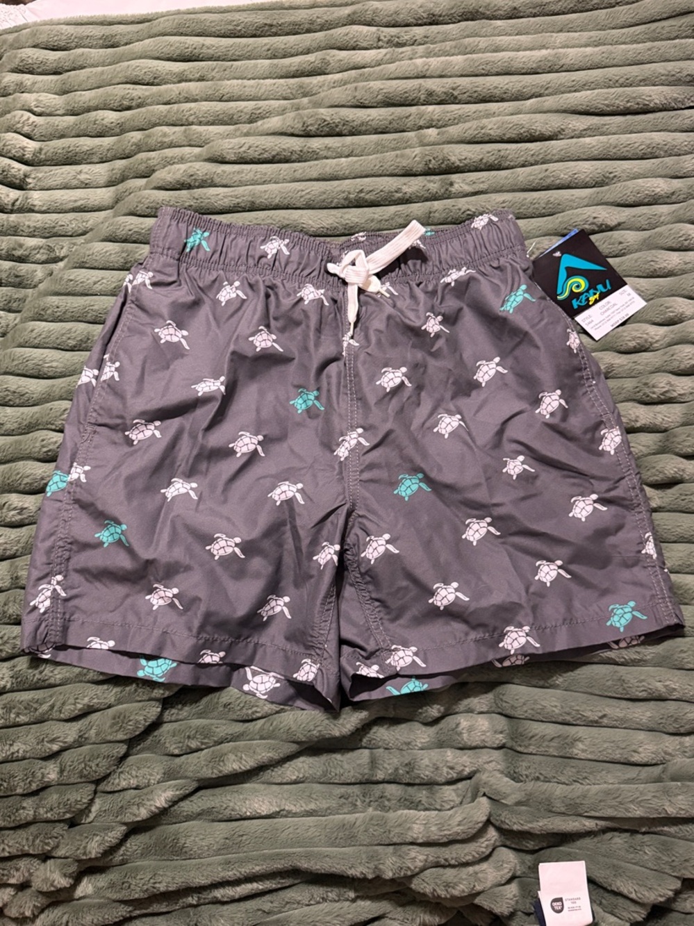 Kanu Surf Men's Gray Swim Trunks with White & Teal Turtle Print
